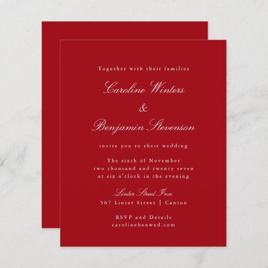 Papier Budget Red Chic Formal Élégant Mariage Invitation (Devant / Derrière)