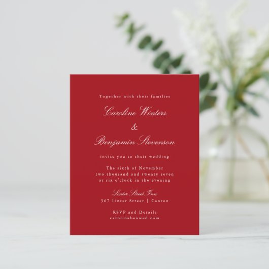 Papier Budget Red Chic Formal Élégant Mariage Invitation (Debout devant)