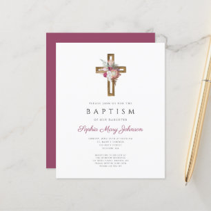 Papier Budget Red Floral Boho Cross Baptism Invitation