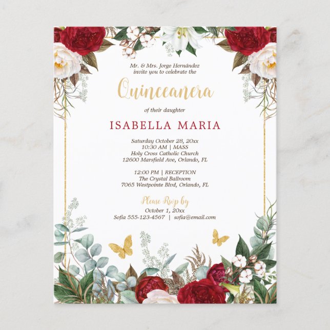 Papier Budget Red Floral Butterfly Quinceañera Invitation (Devant)