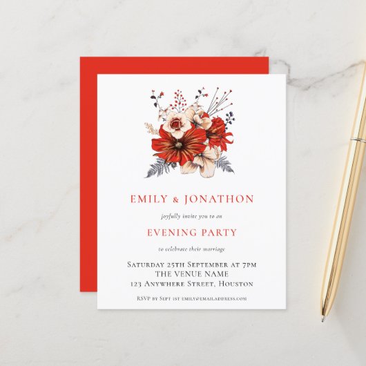 Papier BUDGET Red Florals Mariage Soirée Invitation (Devant/Arrière en situation)
