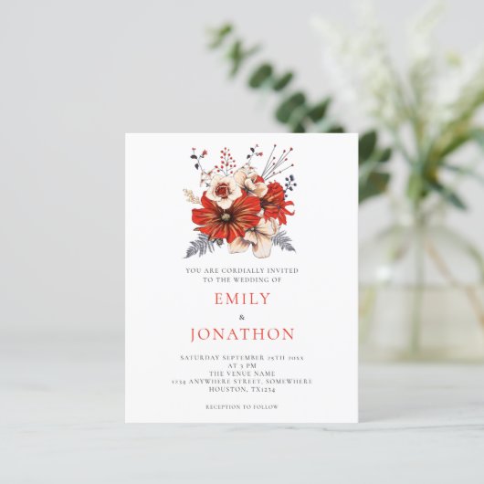 Papier Budget Red Florals QR Code Faire-part de mariage (Debout devant)