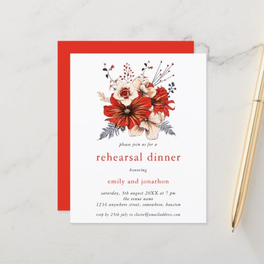 Papier Budget Red Florals Répétition Dîner Invitation (Devant/Arrière en situation)