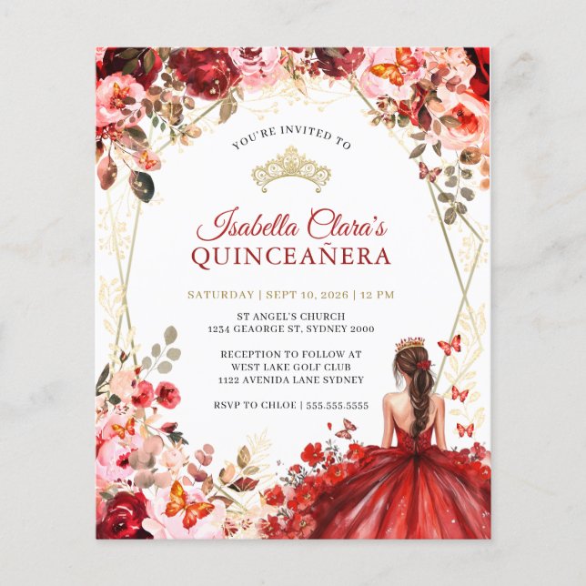 Papier Budget Red Gold Floral Princess Quinceanera (Devant)