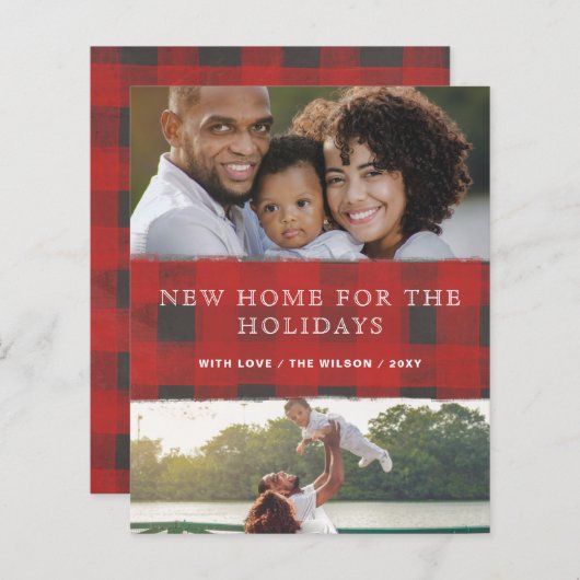 Papier Budget Red Plaid New Home Photo Holiday Card (Devant / Derrière)