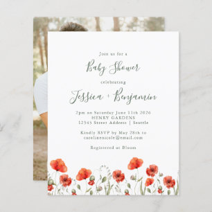 Papier Budget Red Poppy Floral Baby shower Photo Invitati