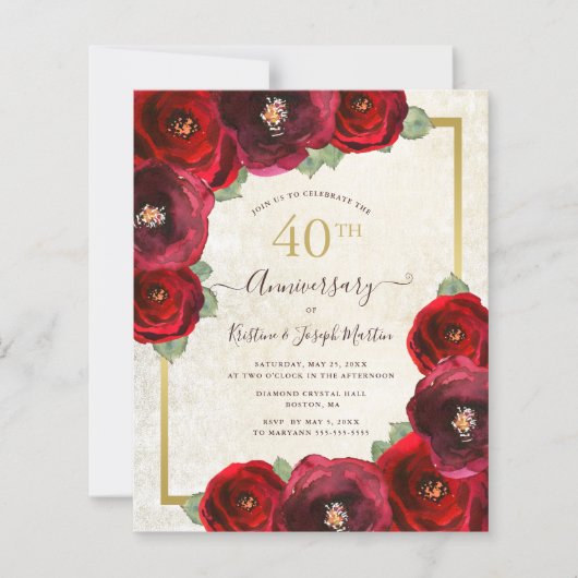 Papier Budget Red Rose Floral 40e anniversaire fête (Devant)