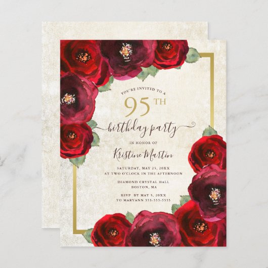 Papier Budget Red Rose Floral 95e anniversaire Invitation (Devant / Derrière)