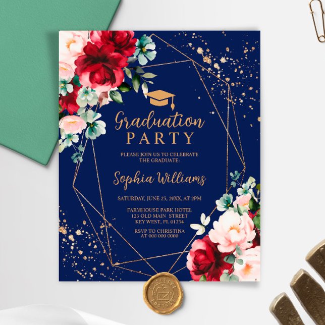 Papier Budget Red Rose & Gold Graduation Party Invitation (Créateur téléchargé)