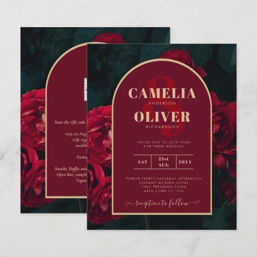 Papier BUDGET Red Roses ForêtVert Mariage d'hiver INVITAT (Devant / Derrière)