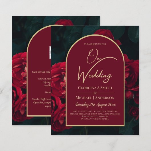 Papier BUDGET Red Roses ForêtVert Mariage d'hiver INVITAT (Devant / Derrière)