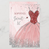Papier Budget Red Silver Robe Sweet 16 Invitation (Devant / Derrière)