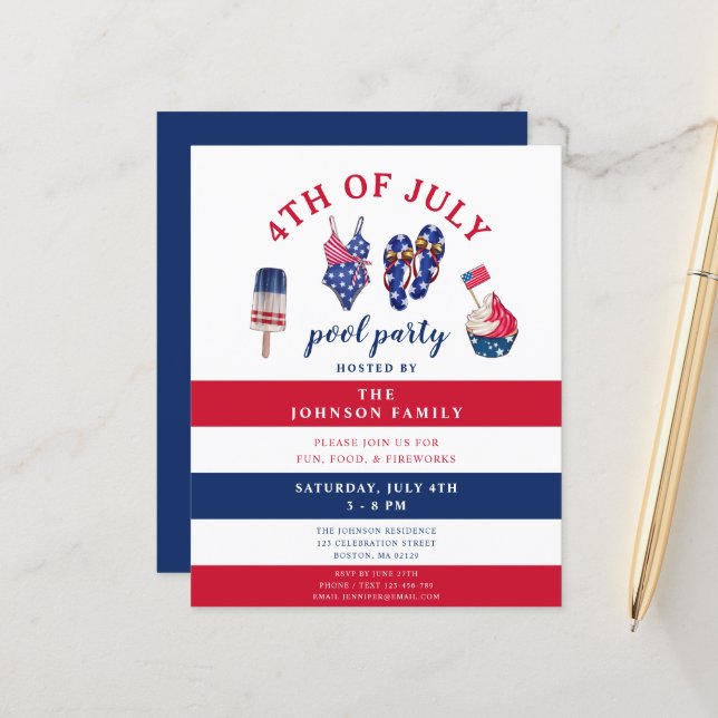 Papier Budget Red White & Blue 4 juillet Pool Party (Devant/Arrière en situation)