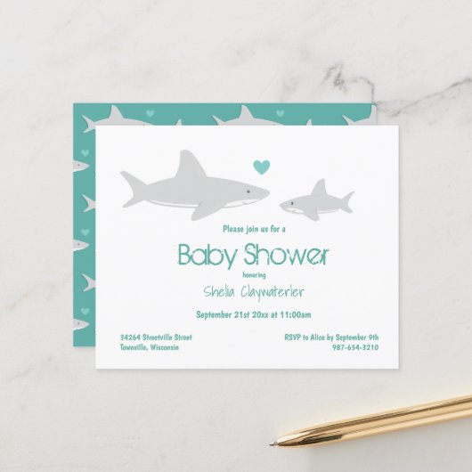 Papier Budget Requin vert Baby shower blanc Invitation (Devant/Arrière en situation)