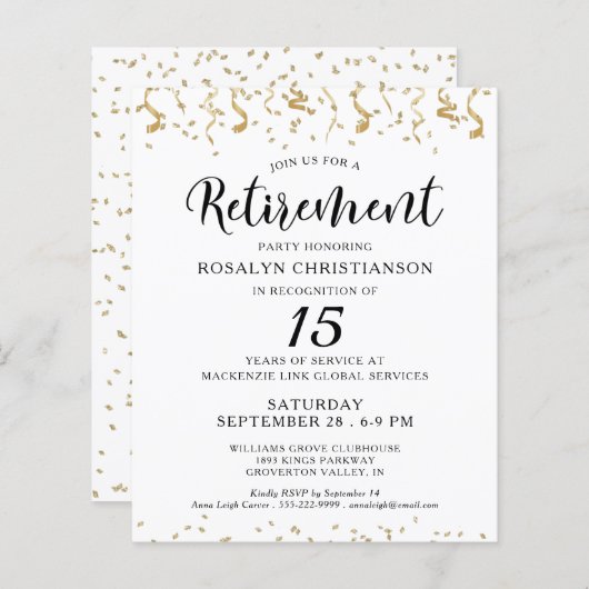 Papier Budget Retraite Partie Confetti Script Invitation (Devant / Derrière)