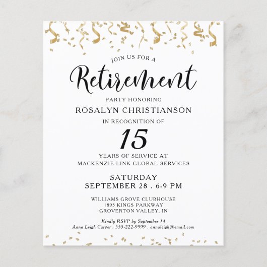 Papier Budget Retraite Partie Confetti Script Invitation (Devant)