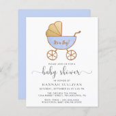 Papier Budget Retro Blue Carriage bébé garçon Invitation (Devant / Derrière)