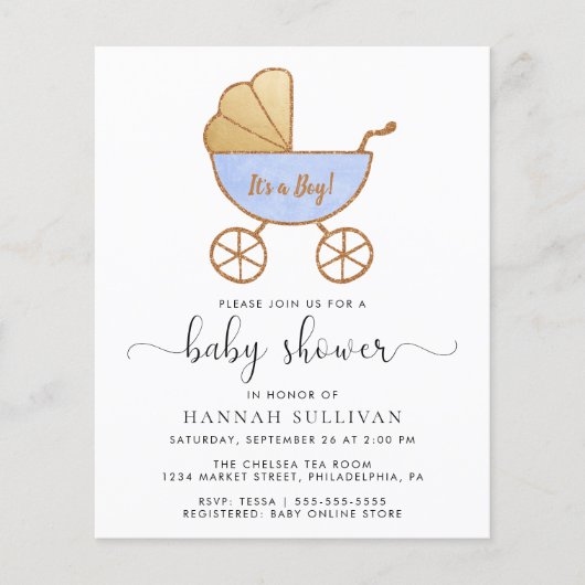 Papier Budget Retro Blue Carriage bébé garçon Invitation (Devant)