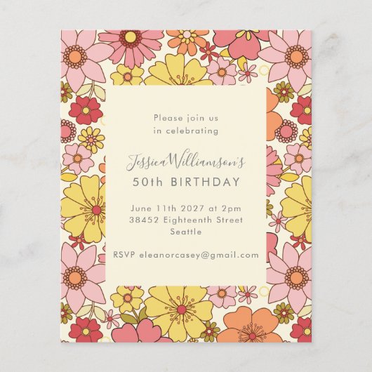 Papier Budget Retro Boho rose Floral Invitation Anniversa (Devant)