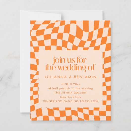 Papier Budget Retro Orange Check Wedding QR Code Invite (Devant)