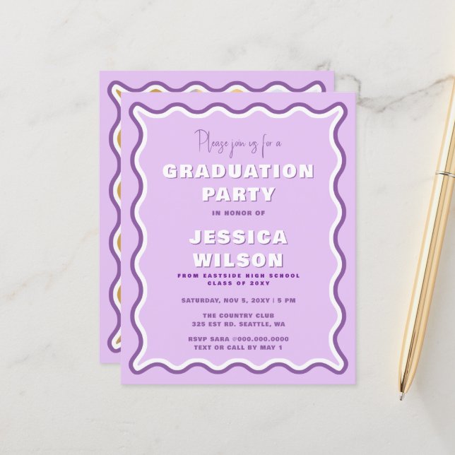 Papier Budget Retro Purple Photo Graduation Invitation (Devant/Arrière en situation)