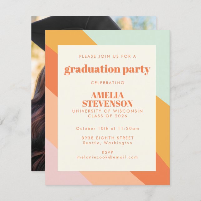 Papier Budget Retro Stripes Photo Grad Party Invitation (Devant / Derrière)