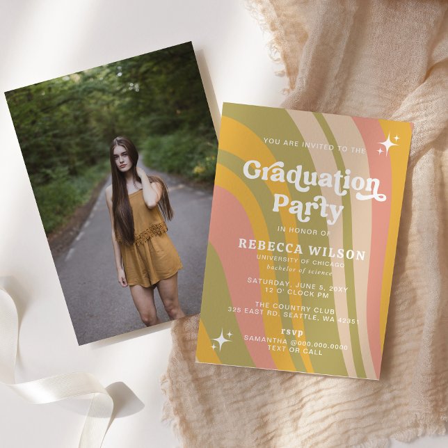 Papier Budget Retro Super les années 70 Graduation Party  (Retro Groovy Pink Green 70s Graduation Party Photo Invitation)
