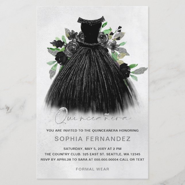 Papier Budget Robe Argent Noir Quinceañera Invitation (Devant)