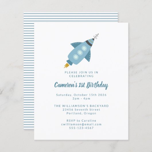 Papier Budget Rocket Ship Blue 1er Anniversaire Invitatio (Devant / Derrière)