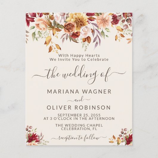 Papier Budget Romantique Automne Floral Mariage d'ivoire (Devant)