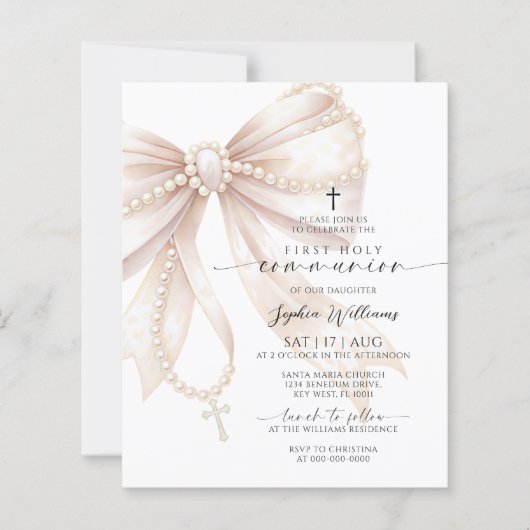 Papier Budget Rosary Bow First Holy Communion Invitation (Devant)