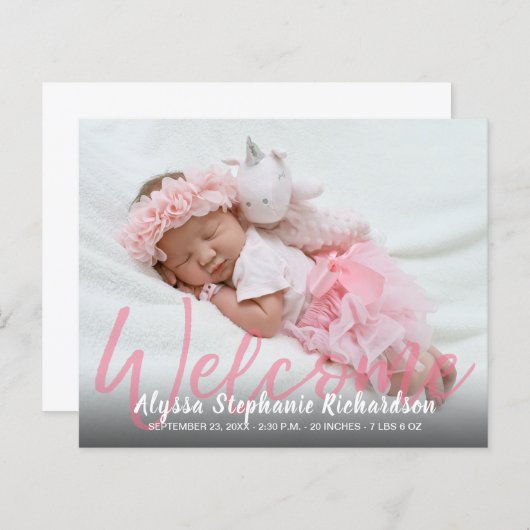 Papier Budget Rose Bienvenue Multi Photo Baby Faire-part (Devant / Derrière)