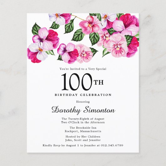 Papier Budget Rose blanc floral 100e anniversaire Invitat (Devant)