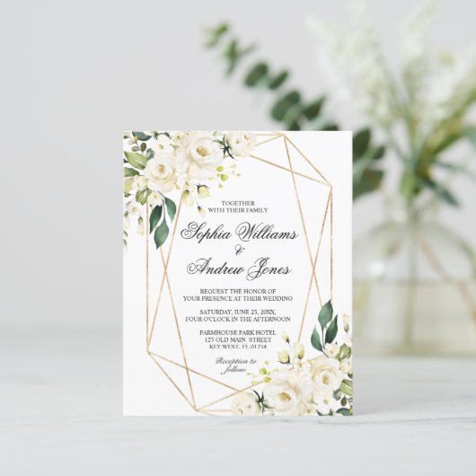 Papier Budget Rose blanche et Faire-part de mariage verte (Debout devant)