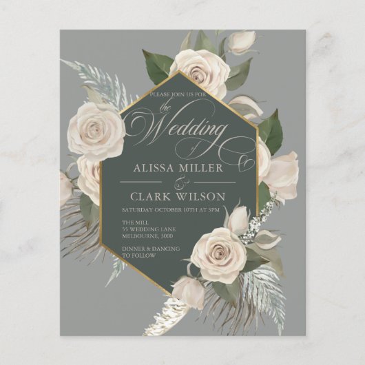 Papier BUDGET Rose blanche, Faire-part de mariage émeraud (Devant)