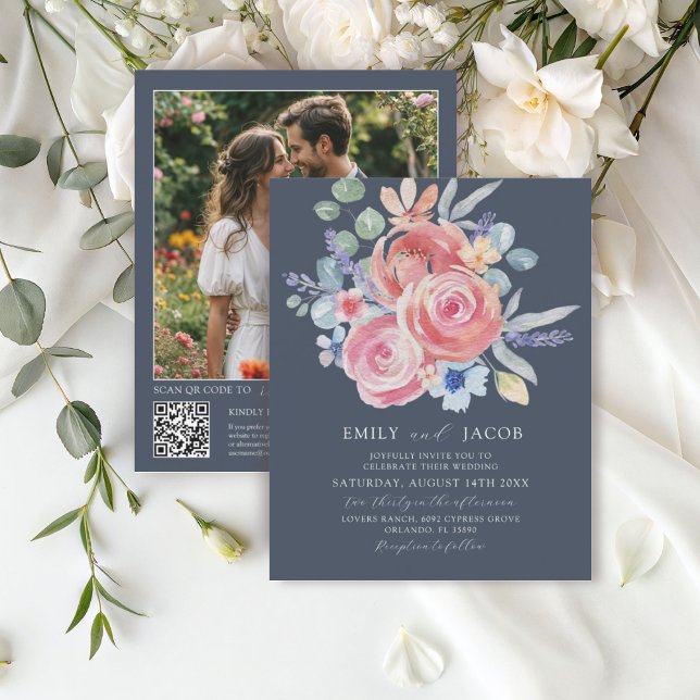 Papier Budget Rose bleu foncé Floral Aquarelle Mariage (Créateur téléchargé)