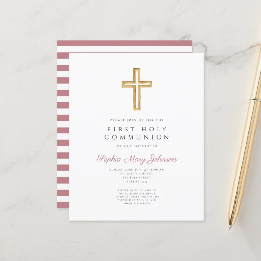 Papier Budget Rose Croix Fille Première Communion (Devant/Arrière en situation)