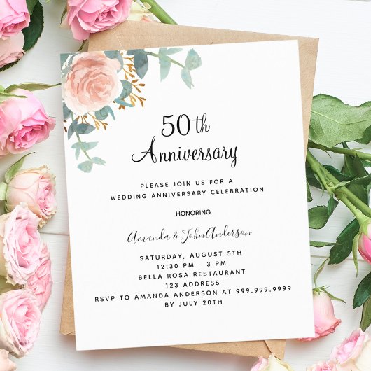 Papier budget rose fleurie rose 50e anniversaire mariage