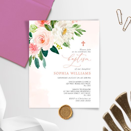 Papier Budget Rose Fleurs Baptême Invitation
