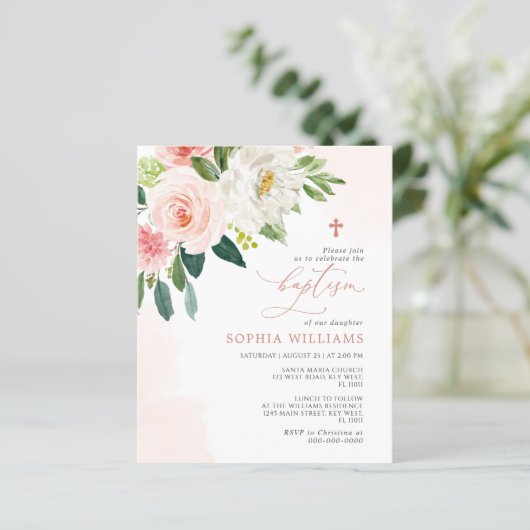 Papier Budget Rose Fleurs Baptême Invitation (Debout devant)
