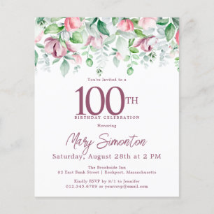 Papier Budget rose floral 100e anniversaire Invitation