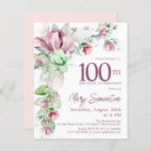 Papier Budget rose floral 100e anniversaire Invitation (Devant / Derrière)