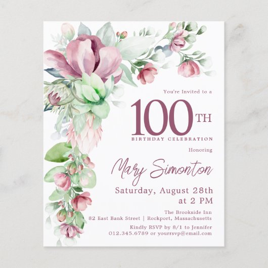 Papier Budget rose floral 100e anniversaire Invitation (Devant)