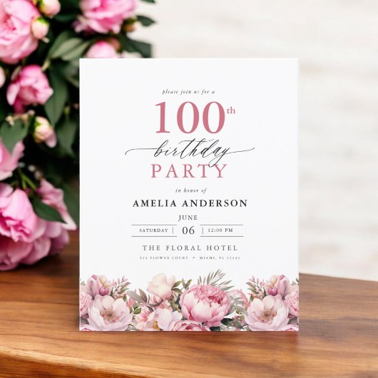 Papier Budget rose floral 100e anniversaire Invitation