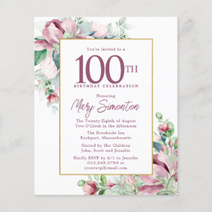 Papier Budget rose floral 100e anniversaire Invitation