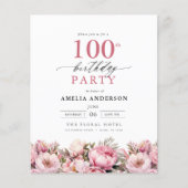 Papier Budget rose floral 100e anniversaire Invitation (Devant)