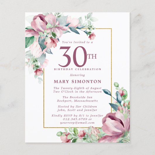 Papier Budget rose floral 30e anniversaire Invitation (Devant)