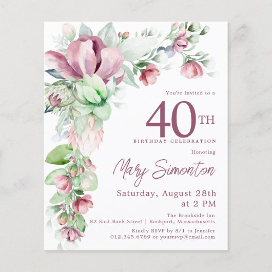 Papier Budget rose floral 40e anniversaire Invitation (Devant)