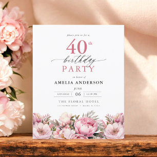Papier Budget rose floral 40e anniversaire Invitation