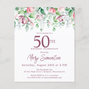 Papier Budget rose floral 50e anniversaire Invitation